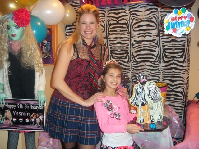 melanie from party pals posing with the birthday girl during a monster high birthday party in toronto - larger photo